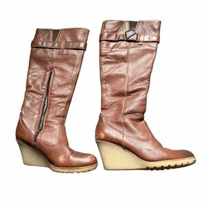 Aldo Brown Leather 3.5” Rubber Wedge Long Boots Size 41 Side Zipper